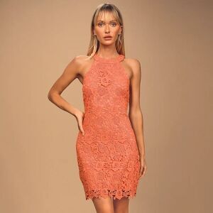 Lulu’s Love Poem Coral Orange Lace Mini Dress
